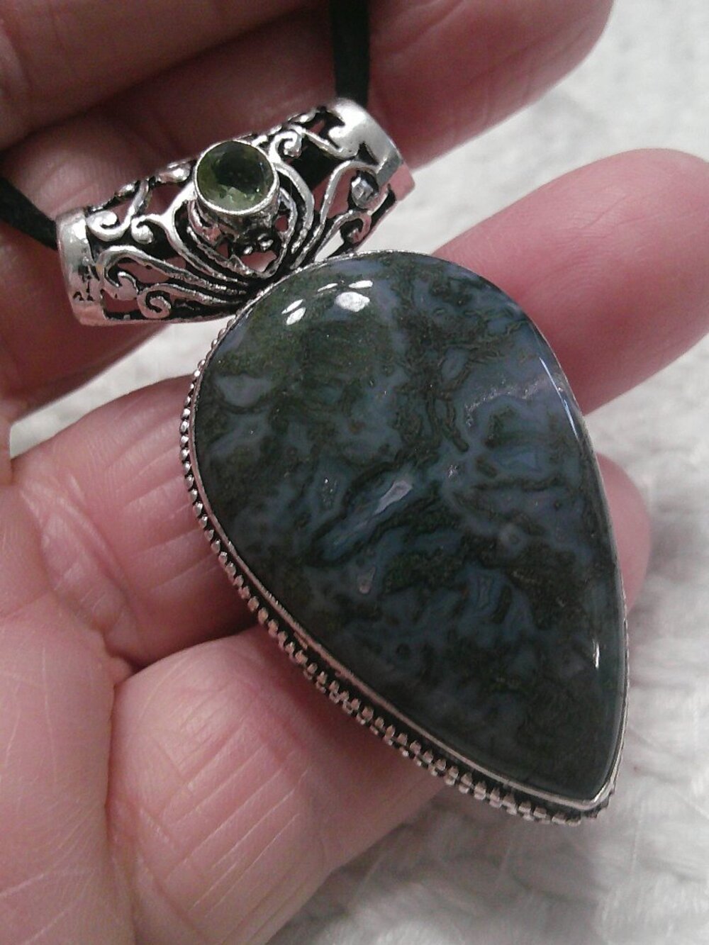 Gorgeous MOSS AGATE & PERIDOT Handmade Sterling 925 Pendant/Cord #464F